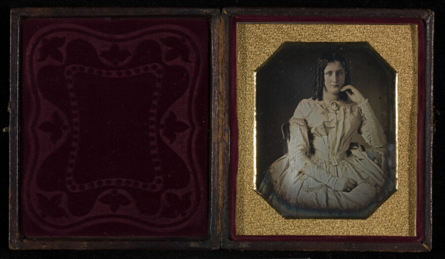 Daguerreotype portrait of Sarah Agnes Kummer (1830-1872), a Baltimore school mistress. Orphaned as a teenager, she became the governess to the family of Augustus Albert, Esq., of Baltimore, and later opened a succession of female academies in the city. She never married.