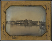 View of Federal Hill in Baltimore, Maryland, looking south from Pratt Street. The view shows the Dudley/Porter Marine Observatory in the background. This full-plate daguerreotype is part of a series of photographs considered to be the first comprehensive photographic recording of Baltimore City.