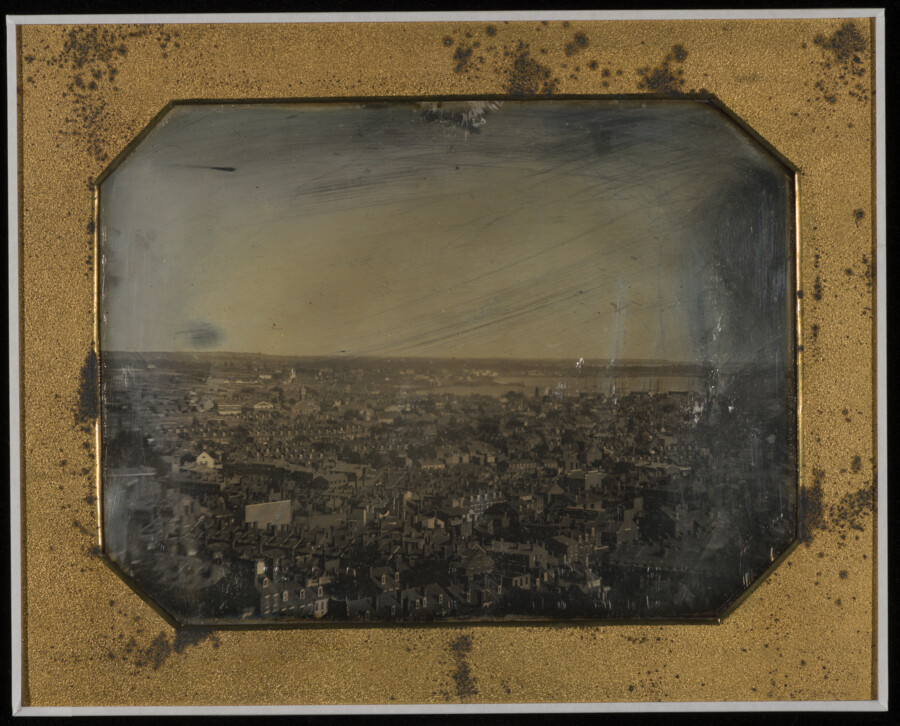 View of Baltimore, Maryland, looking southeast from the Phoenix Shot Tower. This full-plate daguerreotype is part of a series of photographs considered to be the first comprehensive photographic recording of Baltimore City.