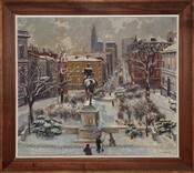 A snowy scene looking south on Charles Street in Baltimore's Mt. Vernon neighborhood. An equestrian statue of General LaFayette is viewed from behind. After moving to Baltimore from France, the artist and her husband lived in an apartment in Mt. Vernon from 1933-1934. This view might have been rendered from their upper floor apartment on…