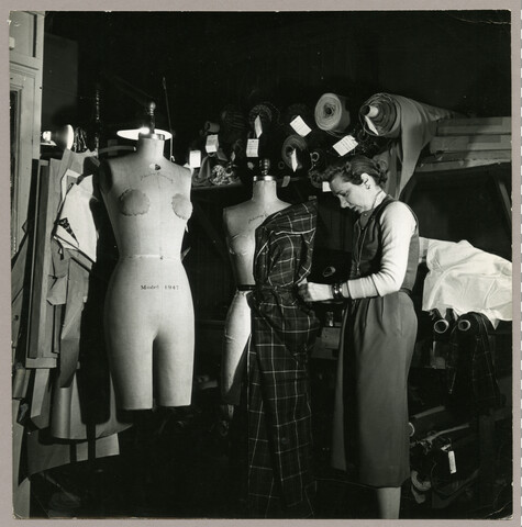 Claire McCardell sewing a dress — circa 1935