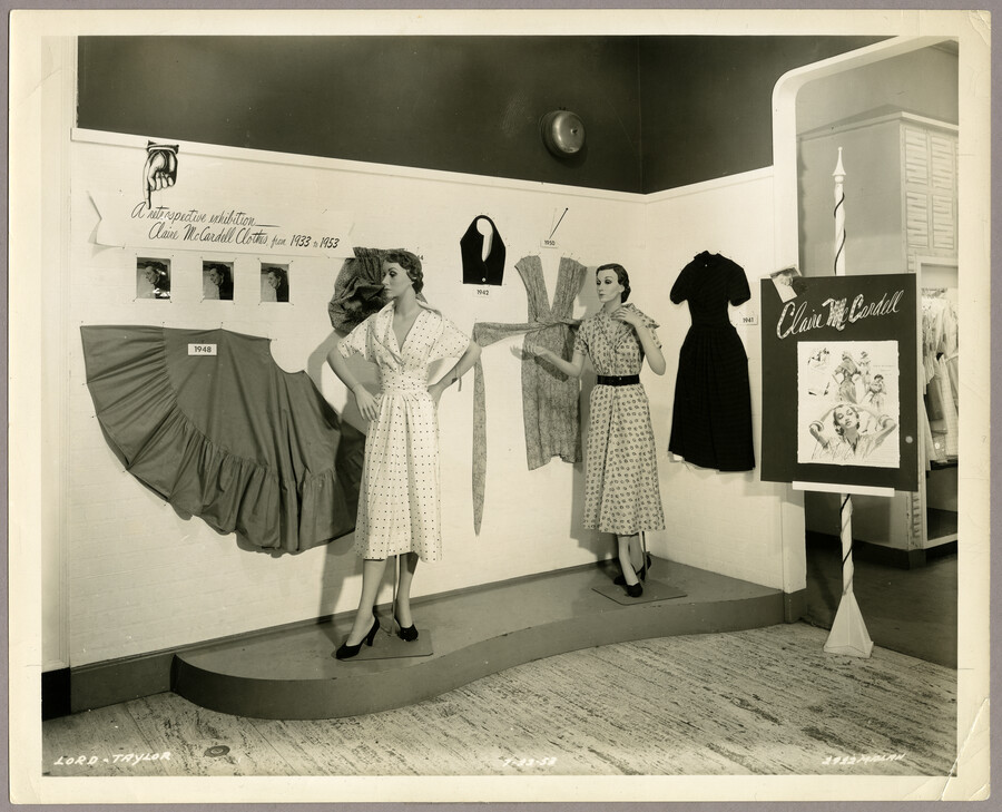 Shop display of American fashion designer Claire McCardell's designs for Lord and Taylor.