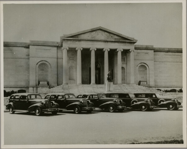 A fleet of five Cadillac Hearses in front of the Baltimore Museum of Art — 1934