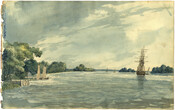 View on the Delaware River looking north toward Philadelphia, a little below Gloucester Point. This watercolor sketch was made on August 3, 1806.