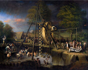 Painted scene of numerous figures around a water-filled pit. Triangular wooden frame structure appears in center, to which buckets are attached on a pulley system. Artist and his family are represented center; other figures work in water, around waterwheel. Tents are seen in background.