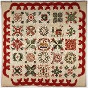 Cotton applique with inked inscriptions, made for David Henry Crowl by his mother, Susanna Hiss Crowl, sisters Martha and Elizabeth, and female cousins. This is a "freedom quilt" made to celebrate David's twenty first birthday and the completion of his apprenticeship in a marine-related trade.