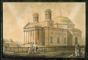 Watercolor by the "Father of American Architecture" Benjamin Henry Boneval Latrobe (1764-1820) of the Baltimore Basilica, the first Catholic Cathedral constructed in the United States. Designed by Latrobe, it was constructed from 1806-1821.
