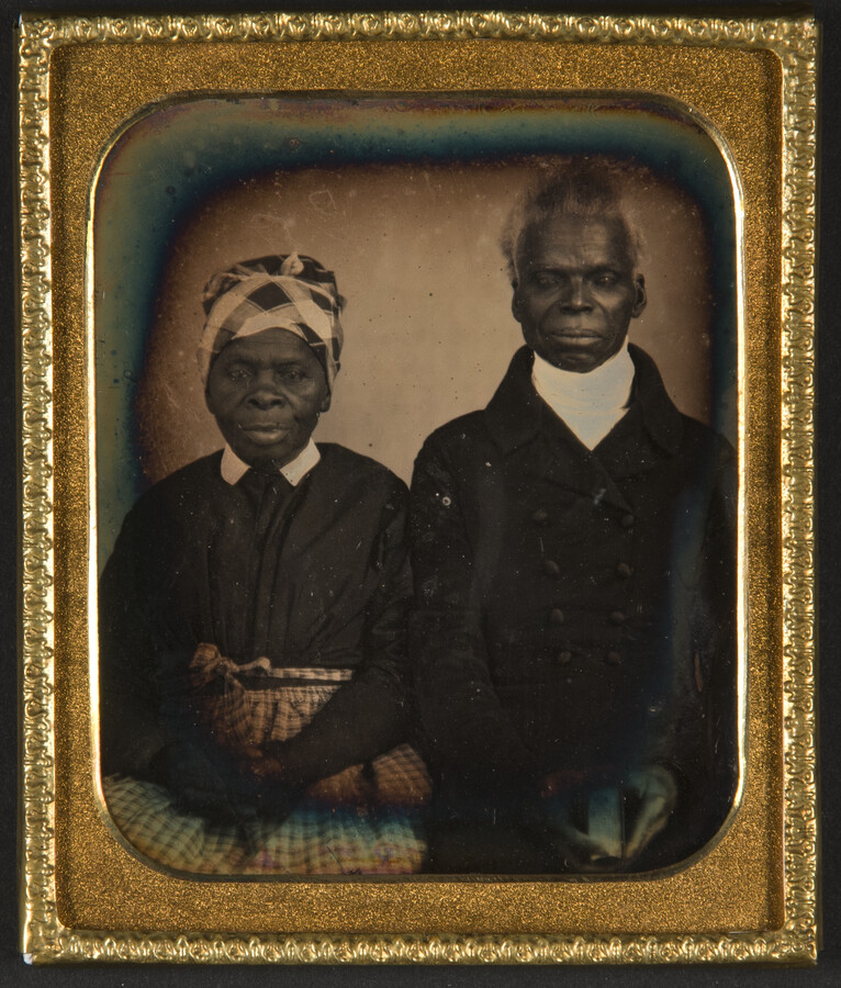 Cased daguerreotype portrait of Jeremiah and Venus Tilghman. A married couple, the Tilghmans were enslaved by Colonel Benedict William Hall at his Eutaw Farm in Baltimore County, Maryland.