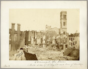 View of destroyed buildings after the Clay Street fire, which occurred on July 25, 1873 in Baltimore, Maryland. Looking northeast across the 100 block of Clay Street towards the rear of the Central Presbyterian Church located at 101-109 West Saratoga Street.