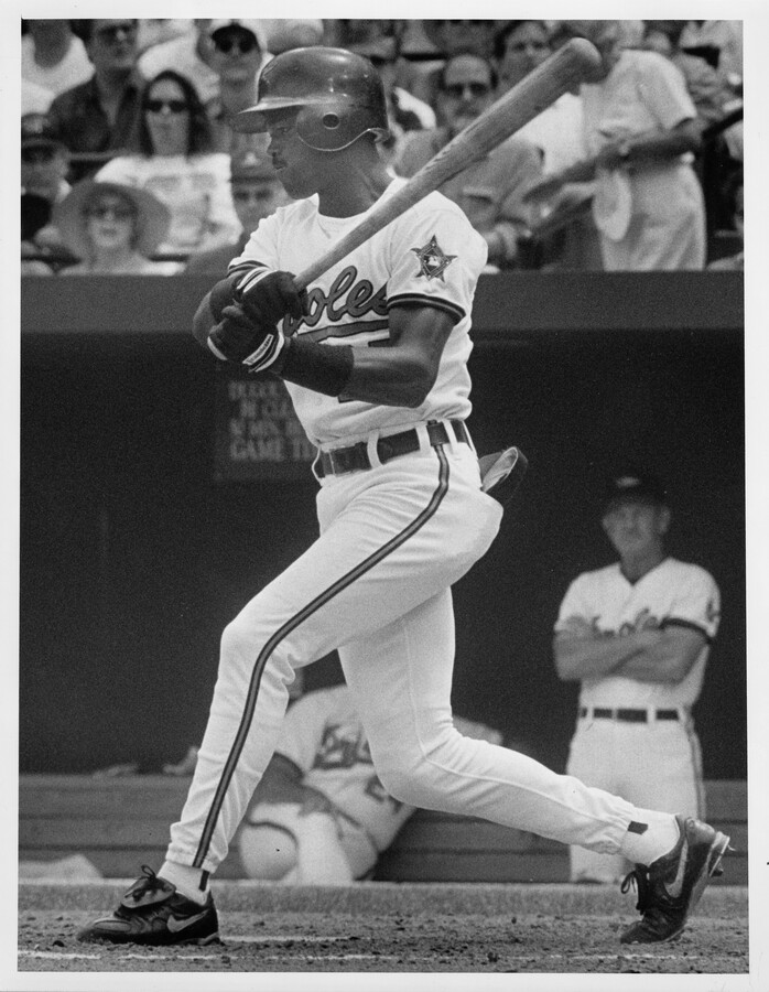 Photograph of Baltimore Orioles second baseman Harold Reynolds at bat during a home game in Baltimore, Maryland.