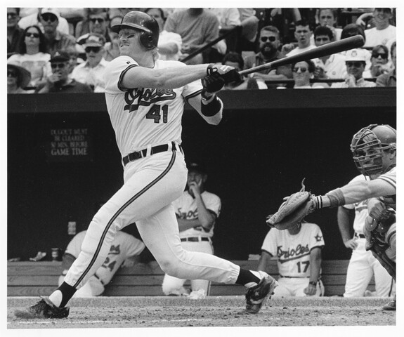 Baltimore Orioles catcher Jeff Tackett at bat — circa 1993
