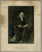 An undated, full-length, engraved portrait of Benjamin Franklin seated in a chair. Franklin is depicted with papers in his hands, a cane across his lap, and a pile of papers beside him on the floor.