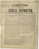 The first two pages of the first issue of Rufus Porter's semi-monthly newsletter "Aerial Reporter." The front page of the publication provides a progress report on "the construction of the aeroport, or flying ship," including a list of project receipts and expenditures. The second page includes "a brief description of the Aerial Steamer, or Aeroport,…