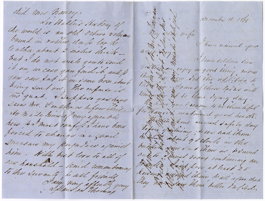 A letter from Dr. John Hanson Thomas to Annie Campbell Thomas, née Gordon, whom he refers to as "My Dear Wife." On September 12, 1861, Dr. Thomas was arrested, along with several other Maryland legislators, for his pro-Confederacy leanings. He was imprisoned for several months, during which time he and Annie wrote each other almost…