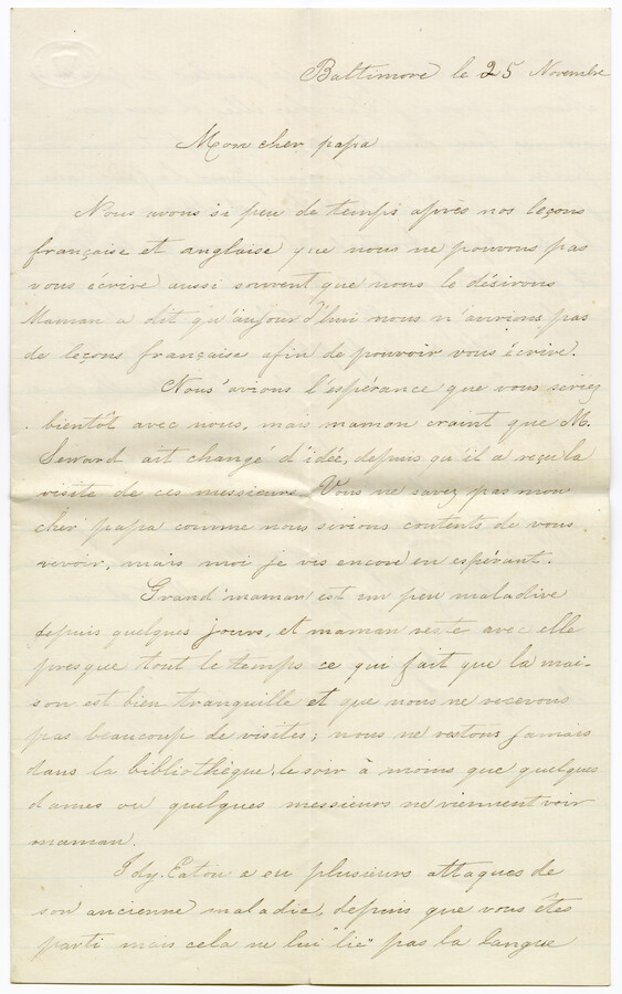 A letter from Annie Campbell Thomas, née Gordon, to her father, whom she refers to as "Mon cher papa," or "My dear dad." The letter is written in French and signed "Annie G. Thomas." Thomas wrote the letter during her husband Dr. John Hanson Thomas' time as a prisoner of war during the American Civil…