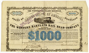 A $1,000 mortgage bond from the Western Maryland Rail Road Company guaranteed by the City of Baltimore and paid out on March 1, 1900. The bond is signed by George M. Bokee, tenth president of the company, and D. Preston Parr, company secretary. The verso is signed by Baltimore City Mayor Robert Banks and Register…