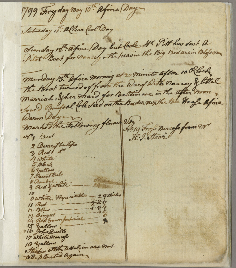Three pages from the diary of William Faris, a silversmith, gardener, and clockmaker from colonial Annapolis, Maryland. The first page from May 10, 1799 contains brief daily entries regarding the weather and events, as well as a list of flowers in Faris' garden. The second and third pages are undated but list all of the…