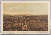 Lithographic print depicting a bird's-eye view of Baltimore, Maryland, as seen from north of the city looking south. The Washington Monument features prominent in the foreground. Beneath the main image is a list of 88 Baltimore landmarks and neighborhoods.