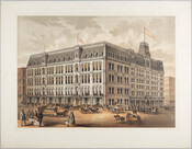 Lithographic print of the Carrollton Hotel, which once stood on St. Paul Street near Baltimore Street in Baltimore, Maryland. The hotel was destroyed in the great fire of 1904 and never rebuilt.