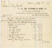 An invoice from G. W. Starr & Son, plasterers and manufacturers of stucco decorations, to Mr. F. M. Jencks. The invoice lists the prices of materials and services requested by architect Charles E. Cassell for work at Mount Vernon Place and Charles Street in Baltimore, Maryland.