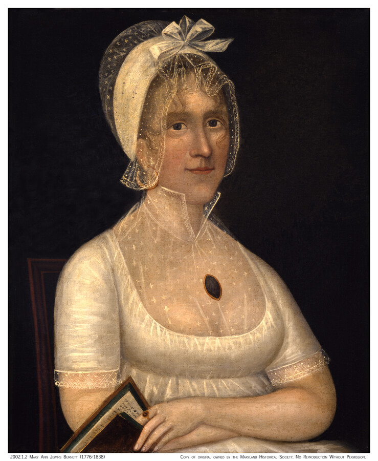 Half-length, three-quarter view portrait of Mary Anne Jewins Burnett (Mrs. Charles Burnett) in a white gown with an empire waistline. Light-colored hair appears from under her white cap and she wears a large, burgundy jewel on the sheer portion of her dress. The artist Joshua Johnson was the first African American painter to make his…