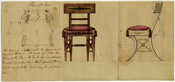 A drawing of a chair designed for the President's house in Washington, DC. Architect and artist Benjamin Henry Latrobe designed elegant, neoclassical furnishings for the Madison White House. The 1814 fire destroyed all of the furnishings, leaving scant records of the furniture he designed.