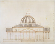 Thomas Jefferson's proposed sketch for the President's house, including elevation, as part of the White House drawing competition. The sketch comprises a single sheet of creme paper with pricked guide points, pen and iron gall ink, scored guide lines and black ink washes. The page was signed "A. Z." in the upper left corner, and…