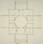 A proposed plan for the first floor of the White House, the home of the President of the United States. This plan was an anonymous submission to a design competition held in 1792 to determine the architect of the White House, and was one of nine entries. Although it was submitted anonymously, it is attributed…