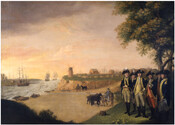 A painting of George Washington alongside his generals at Yorktown, Virginia. Peale's imagined gathering includes the Marquis de Lafayette (1757-1834) on Washington's left, Comte de Rochambeau (1725-1807), commander of the allied French troops, third from the right, and Colonel Tench Tilghman (1744-1786) who is seen in profile, holding the articles of capitulation that he later…