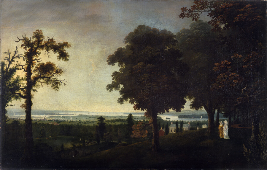 Oil on canvas landscape painting of "View of Baltimore from Beech Hill," 1804, by Francis Guy. "Beech Hill" was the home of Scottish-born Baltimore Merchant Robert Gilmor, Sr. (1742-1822). Two women can be seen standing on the right hand side of the painting surrounded by trees, while a house and sailboats on the water can…