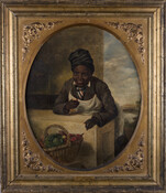 Painting of an African American woman at a fruit stand in Baltimore, Maryland. She holds an apple in her right hand with a bite taken out of it, and wears a white apron, striped necktie, and hair wrapped in a scarf. A basket of fruits sits before her.