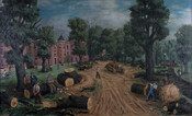 Oil on canvas landscape painting of "Druid Hill, Felling Trees", ca. 1940, by Jacob Glushakow. Druid Hill Park was built in 1860. It is among the oldest public parks in the United States. In 1948, a number of African American tennis players, protesting discrimination of recreational facilities, were arrested for playing on "White Only" tennis…