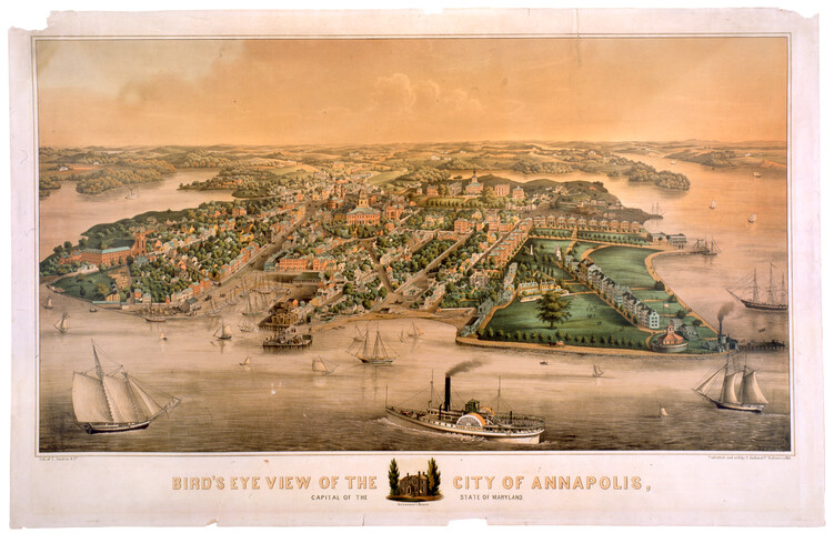 Bird’s eye view of the city of Annapolis, capital of the state of Maryland — circa 1860