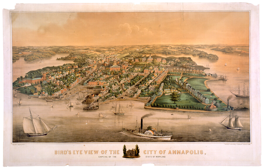 Lithographic print depicting a bird's-eye view of Annapolis, the capital city of the state of Maryland, as seen from east of the city looking west. Visible in the image are notable Annapolis landmarks and a variety of ships, including one named Hugh Jenkins. Beneath the main image in the center of the title is an…