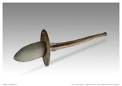 A pike used in the raid led by abolitionist John Brown (1800-1859) on a Federal armory at Harpers Ferry, Virginia on October 16-18, 1859. The sharp, flat, steel blade is affixed with an iron guard and is attached to a long wooden (ash) pole. He was executed by hanging following a trial. One of several…