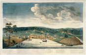 A hand-colored aquatint depicting Baltimore, Maryland, in 1752 as viewed from the harbor. The print also includes a list of 29 different landmarks that are visible in the image. The caption beneath the image reads: BALTIMORE IN 1752, From a Sketch then made by John Moale Esq. deceased, corrected by the late Daniel Bonley Esq.…