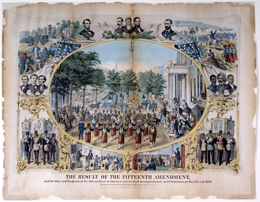Lithographic print with the full title, "The result of the Fifteenth Amendment, and the rise and progress of the African race in America and its final accomplishment, and celebration on May 19th, A.D. 1870." The central image depicts a parade and celebration in the west square of Mount Vernon Place in Baltimore, Maryland. Around the…