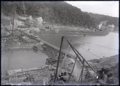 A view of the construction of the Loch Raven dam which eventually created Loch Raven Reservoir, a large reservoir lake in Baltimore County, Maryland. The construction, taking place from 1912-1914, was part of an effort to increase municipal water supply and provide potable drinking water to Baltimore City and Baltimore County.