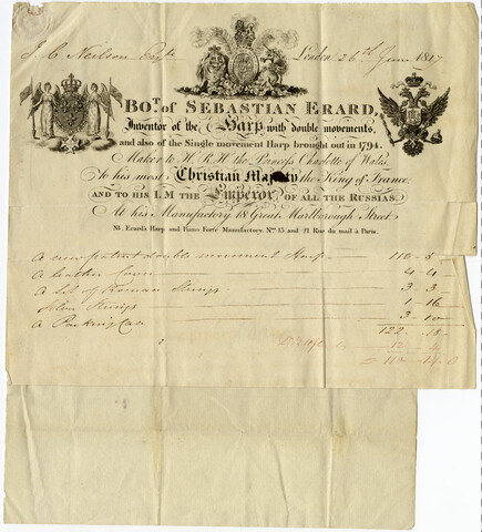 Bill from Sebastian Erard to J. C. Neilson for harp and accessories — 1817-06-26