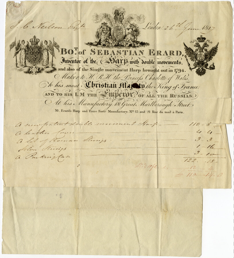 A bill from Sebastian Erard's London factory to J. C. Neilson listing charges for a new patent double movement harp, a leather cover, a set of Roman strings, silver strings, and a packing case. A discount of 12 pounds also appears to have been applied to the final sum. Full transcription: J. C. Neilson Esq.…