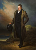 Full-length oil portrait of Major General Marquis de Lafayette (1757-1834) of France with hat and cane in hand and landscape in the background.