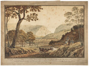 Watercolor on paper of "View of the Village of Bloody Run", April 11, 1815, by Benjamin Henry Latrobe. In the foreground are three soldiers of the U.S. Army and a horse-drawn covered wagon on a road. The soldiers are volunteers preparing to head home following news of the Treaty of Ghent , which formally ended…