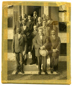 A group portrait of lawyers and minister, including pioneering political and civil rights activists. The men are posed standing on the doorstep of the home of Reverend Harvey Johnson, founder of Union Baptist Church, in the 1900 block of Druid Hill Avenue in Baltimore, Maryland. From left to right, the front row includes an unidentified…