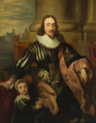 Oil on canvas portrait painting of "Charles I and Son", ca. 1860-1900, by an unknown artist (after van Dyck). This portrait features King Charles I (1600-1649), monarch over England, Ireland, and Scotland, as well as one of his sons. He ruled as King from 1625-1645, until he was ousted from the throne during the English…