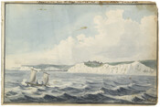 Watercolor on paper of "Dover, as seen from the Eliza", November 28, 1795, from the Latrobe Sketchbooks, by Benjamin Henry Latrobe. In the foreground is the sailing ship "Eliza" in the Strait of Dover, the narrowest section of the channel between France and Great Britain. The town of Dover sits atop the White Cliffs of…