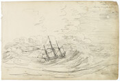 Pencil on paper sketch of "Ship Eliza, heavy gale at S.W. Light", December 21, 1795, from the Latrobe Sketchbooks, by Benjamin Henry Latrobe. The simple pencil sketch is an earlier version of "Situation of the Eliza" (1960.108.1.1.14), which features a three-masted wooden sailing ship, named "Eliza", being tossed in large ocean waves. Above is a…