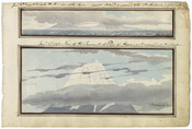 Watercolor on paper sketches of "View of the Azores" and "View of the Summit of Pico di Azores", January 6, 1796, from the Latrobe Sketchbooks, by Benjamin Henry Latrobe. The top drawing features his view aboard a sailing ship of Pico Island, of the Portuguese Azores, at 7:30 a.m. The lower drawing features Ponta do…