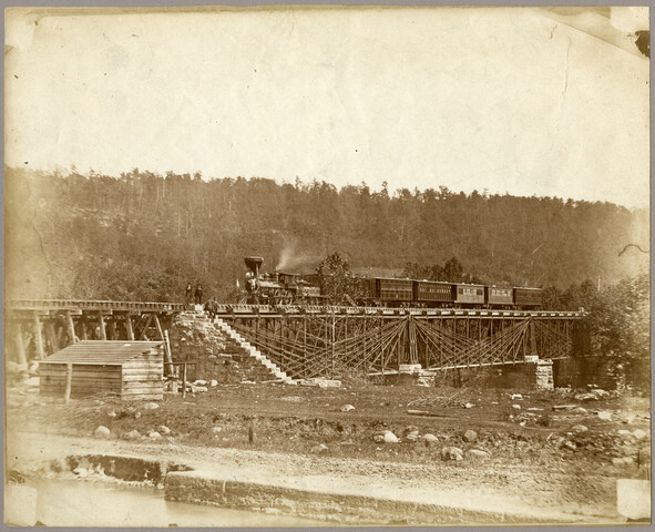People and train on North Branch Potomac River bridge — 1859-06