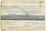 Watercolor on paper drawing of "Pico, one of the Azores", January 6, 1796, from the Latrobe Sketchbooks, by Benjamin Henry Latrobe. The main watercolor drawing features a small schooner and a larger three-masted sailing ship in the foreground. In the background is Pico Island, of the Portuguese Azores, at 8 a.m. Faintly drawn to the…