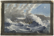 Watercolor on paper of "Situation of the Eliza", December 21, 1795, from the Latrobe Sketches, by Benjamin Henry Latrobe. The scene features a three-masted wooden sailing ship, named "Eliza", being tossed in large ocean waves. Above is a moonlit night. 1960.108.1.1.16.SItuation of the Eliza, December 21, 1795.Benjamin Henry Latrobe.Undated.Watercolor on paper.10.5 x 7 inches.Latrobe Sketchbooks.Museum…